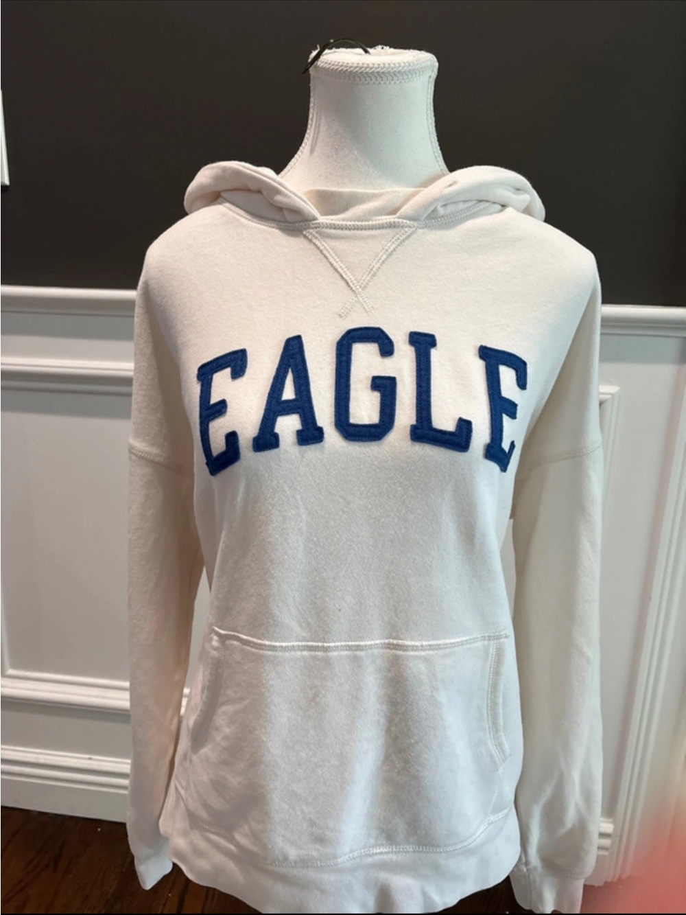 American Eagle Outfitters White Vintage Hoodie with Blue 'EAGLE' Appliqué